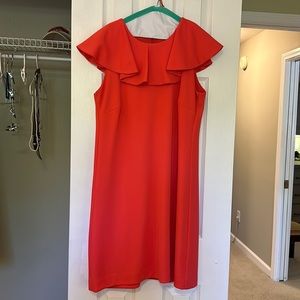 coral colored ruffle shift dress